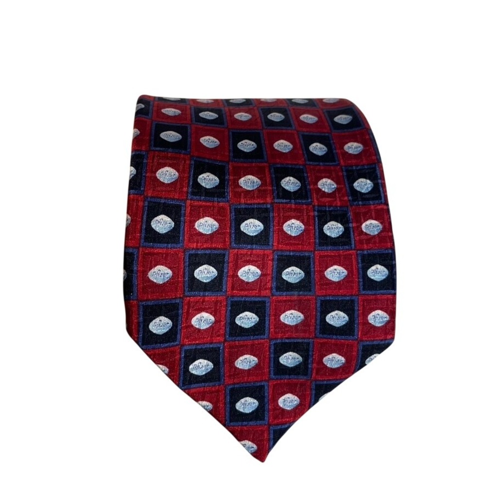 Pfizer Mens Silk Tie Red Navy Blue Checkered Logo Pharmaceutical Necktie